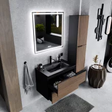 HD Cremona Black-Oak 60 fali mosdószekrény matt fekete fogantyúkkal és matt fekete slim mosdóval