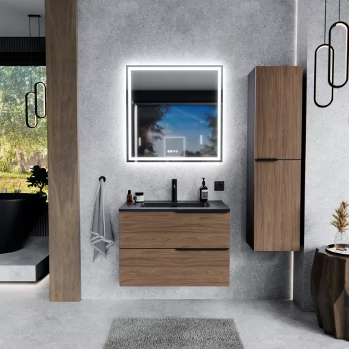HD Cremona Black-Oak 60 fali mosdószekrény matt fekete fogantyúkkal és matt fekete slim mosdóval