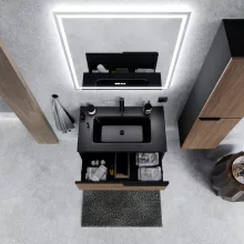 HD Cremona Black-Oak 60 fali mosdószekrény matt fekete fogantyúkkal és matt fekete slim mosdóval