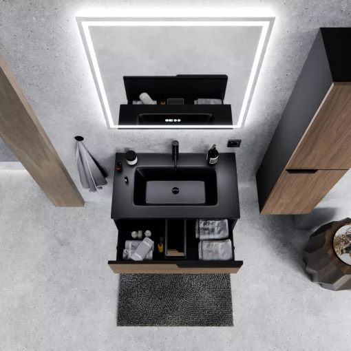HD Cremona Black-Oak 60 fali mosdószekrény matt fekete fogantyúkkal és matt fekete slim mosdóval