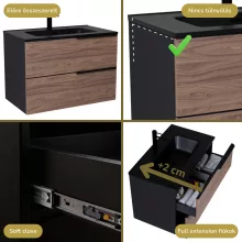HD Cremona Black-Oak 60 fali mosdószekrény matt fekete fogantyúkkal és matt fekete slim mosdóval