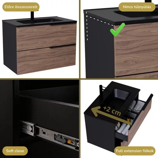 HD Cremona Black-Oak 60 fali mosdószekrény matt fekete fogantyúkkal és matt fekete slim mosdóval