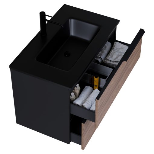 HD Cremona Black-Oak 60 komplett fürdőszoba bútor fali mosdószekrénnyel, matt fekete fogantyúkkal, matt fekete slim mosdóval és tükörrel