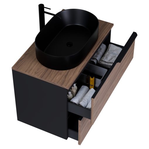 HD Carona Black-Oak 60 fali mosdószekrény tölgyfa színű mosdópulttal és matt fekete fogantyúkkal