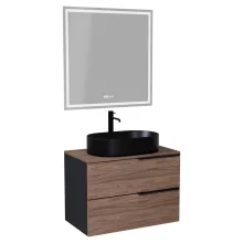 HD Carona Black-Oak 60 komplett fürdőszoba bútor fali mosdószekrénnyel, matt fekete fogantyúkkal, tölgyfa színű mosdópulttal és tükörrel