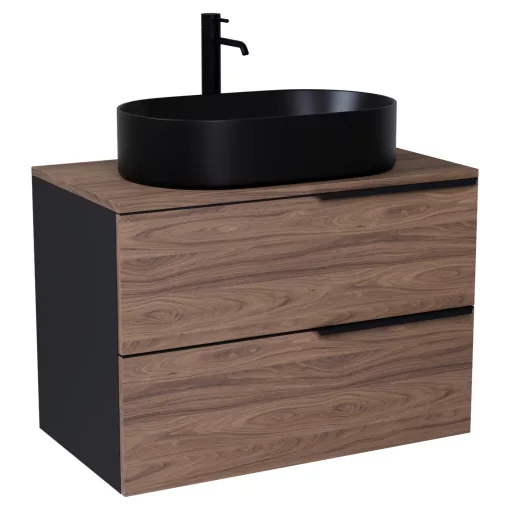 HD Carona Black-Oak 60 komplett fürdőszoba bútor fali mosdószekrénnyel, matt fekete fogantyúkkal, tölgyfa színű mosdópulttal és tükörrel