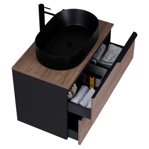 HD Carona Black-Oak 60 komplett fürdőszoba bútor szett fali mosdószekrénnyel, matt fekete fogantyúkkal, tölgyfa színű mosdópulttal, tükörrel és magasszekrénnyel