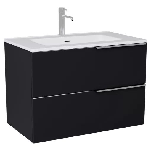 HD Cremona Matt Black 60 fali mosdószekrény fényes króm fogantyúkkal és fényes fehér slim mosdóval