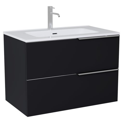 HD Cremona Matt Black 60 komplett fürdőszoba bútor fali mosdószekrénnyel, fényes króm fogantyúkkal, fényes fehér slim mosdóval és tükörrel