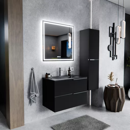 HD Cremona Matt Black 60 fali mosdószekrény fényes króm fogantyúkkal és matt fekete slim mosdóval