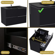 HD Cremona Matt Black 60 komplett fürdőszoba bútor fali mosdószekrénnyel, fényes króm fogantyúkkal, matt fekete slim mosdóval és tükörrel