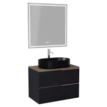 HD Carona Matt Black 60 komplett fürdőszoba bútor fali mosdószekrénnyel, fényes króm fogantyúkkal, tölgyfa színű mosdópulttal és tükörrel