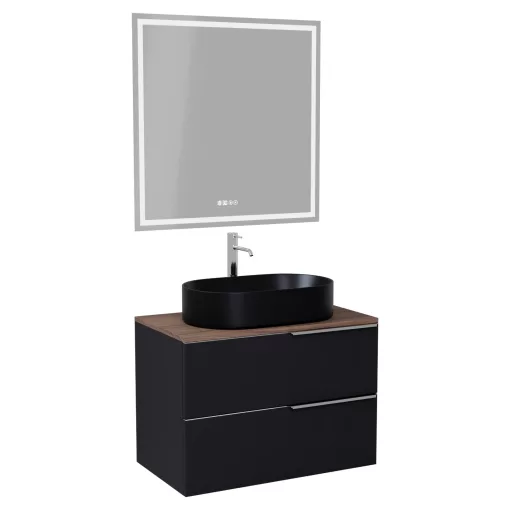 HD Carona Matt Black 60 komplett fürdőszoba bútor fali mosdószekrénnyel, fényes króm fogantyúkkal, tölgyfa színű mosdópulttal és tükörrel