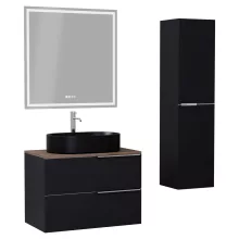 HD Carona Matt Black 60 komplett fürdőszoba bútor szett fali mosdószekrénnyel, fényes króm fogantyúkkal, tölgyfa színű mosdópulttal, tükörrel és magasszekrénnyel