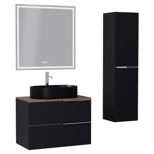 HD Carona Matt Black 60 komplett fürdőszoba bútor szett fali mosdószekrénnyel, fényes króm fogantyúkkal, tölgyfa színű mosdópulttal, tükörrel és magasszekrénnyel