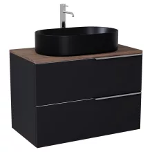 HD Carona Matt Black 60 komplett fürdőszoba bútor szett fali mosdószekrénnyel, fényes króm fogantyúkkal, tölgyfa színű mosdópulttal, tükörrel és magasszekrénnyel