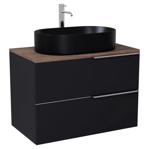 HD Carona Matt Black 60 komplett fürdőszoba bútor szett fali mosdószekrénnyel, fényes króm fogantyúkkal, tölgyfa színű mosdópulttal, tükörrel és magasszekrénnyel