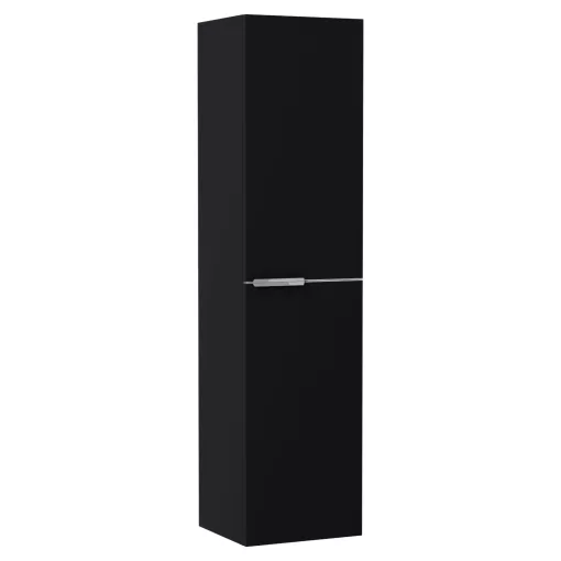 HD Carona Matt Black 60 komplett fürdőszoba bútor szett fali mosdószekrénnyel, fényes króm fogantyúkkal, tölgyfa színű mosdópulttal, tükörrel és magasszekrénnyel