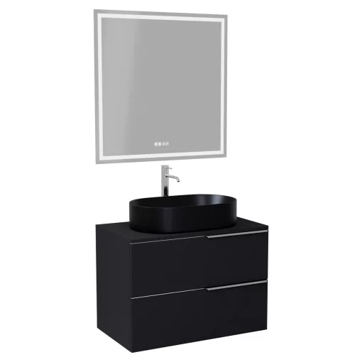 HD Carona Matt Black 60 komplett fürdőszoba bútor fali mosdószekrénnyel, fényes króm fogantyúkkal, fekete mosdópulttal és tükörrel