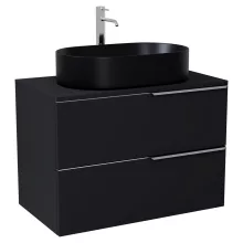 HD Carona Matt Black 60 komplett fürdőszoba bútor fali mosdószekrénnyel, fényes króm fogantyúkkal, fekete mosdópulttal és tükörrel