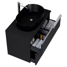 HD Carona Matt Black 60 komplett fürdőszoba bútor fali mosdószekrénnyel, fényes króm fogantyúkkal, fekete mosdópulttal és tükörrel