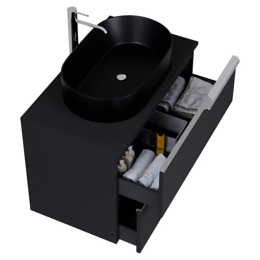 HD Carona Matt Black 60 komplett fürdőszoba bútor fali mosdószekrénnyel, fényes króm fogantyúkkal, fekete mosdópulttal és tükörrel