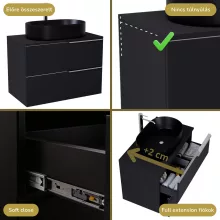 HD Carona Matt Black 60 komplett fürdőszoba bútor fali mosdószekrénnyel, fényes króm fogantyúkkal, fekete mosdópulttal és tükörrel