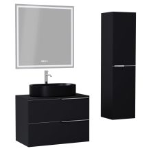 HD Carona Matt Black 60 komplett fürdőszoba bútor szett fali mosdószekrénnyel, fényes króm fogantyúkkal, fekete mosdópulttal, tükörrel és magasszekrénnyel