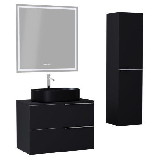 HD Carona Matt Black 60 komplett fürdőszoba bútor szett fali mosdószekrénnyel, fényes króm fogantyúkkal, fekete mosdópulttal, tükörrel és magasszekrénnyel