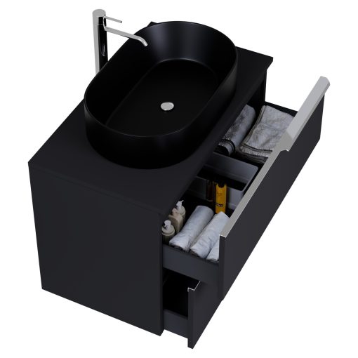 HD Carona Matt Black 60 komplett fürdőszoba bútor szett fali mosdószekrénnyel, fényes króm fogantyúkkal, fekete mosdópulttal, tükörrel és magasszekrénnyel