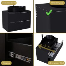 HD Carona Matt Black 60 komplett fürdőszoba bútor szett fali mosdószekrénnyel, fényes króm fogantyúkkal, fekete mosdópulttal, tükörrel és magasszekrénnyel