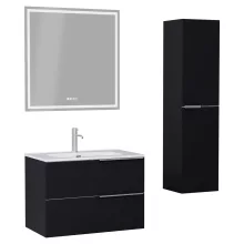 HD Cremona Matt Black 60 komplett fürdőszoba bútor szett fali mosdószekrénnyel, szálcsiszolt króm fogantyúkkal, fényes fehér slim mosdóval, tükörrel és magasszekrénnyel