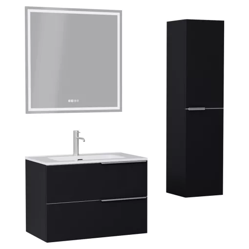 HD Cremona Matt Black 60 komplett fürdőszoba bútor szett fali mosdószekrénnyel, szálcsiszolt króm fogantyúkkal, fényes fehér slim mosdóval, tükörrel és magasszekrénnyel