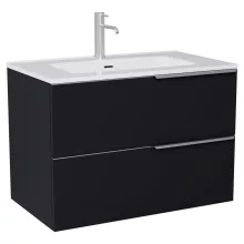 HD Cremona Matt Black 60 komplett fürdőszoba bútor szett fali mosdószekrénnyel, szálcsiszolt króm fogantyúkkal, fényes fehér slim mosdóval, tükörrel és magasszekrénnyel