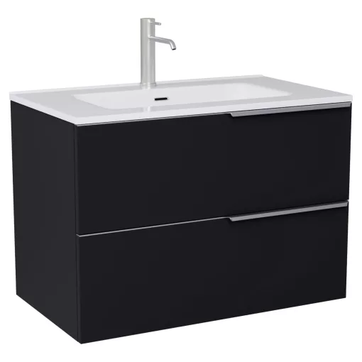 HD Cremona Matt Black 60 komplett fürdőszoba bútor szett fali mosdószekrénnyel, szálcsiszolt króm fogantyúkkal, fényes fehér slim mosdóval, tükörrel és magasszekrénnyel