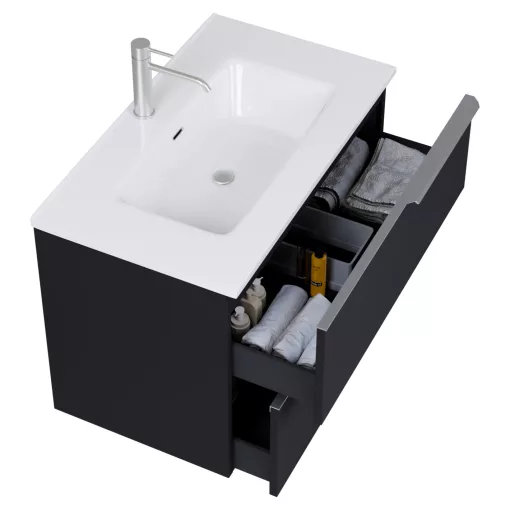 HD Cremona Matt Black 60 komplett fürdőszoba bútor szett fali mosdószekrénnyel, szálcsiszolt króm fogantyúkkal, fényes fehér slim mosdóval, tükörrel és magasszekrénnyel