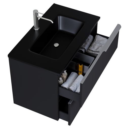 HD Cremona Matt Black 60 fali mosdószekrény szálcsiszolt króm fogantyúkkal és matt fekete slim mosdóval