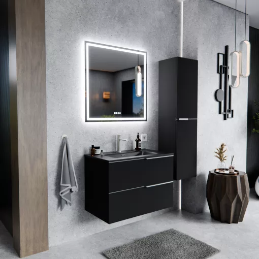 HD Cremona Matt Black 60 fali mosdószekrény szálcsiszolt króm fogantyúkkal és matt fekete slim mosdóval