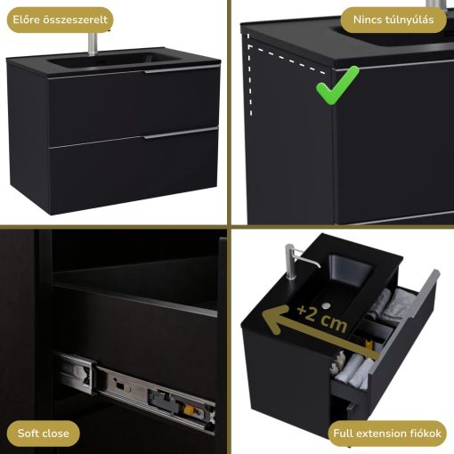 HD Cremona Matt Black 60 komplett fürdőszoba bútor fali mosdószekrénnyel, szálcsiszolt króm fogantyúkkal, matt fekete slim mosdóval és tükörrel