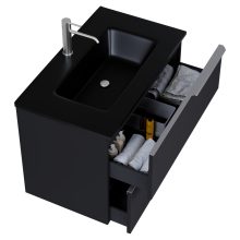 HD Cremona Matt Black 60 komplett fürdőszoba bútor szett fali mosdószekrénnyel, szálcsiszolt króm fogantyúkkal, matt fekete slim mosdóval, tükörrel és magasszekrénnyel