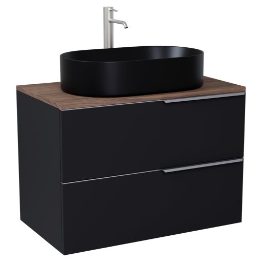 HD Carona Matt Black 60 fali mosdószekrény tölgyfa színű mosdópulttal és szálcsiszolt króm fogantyúkkal