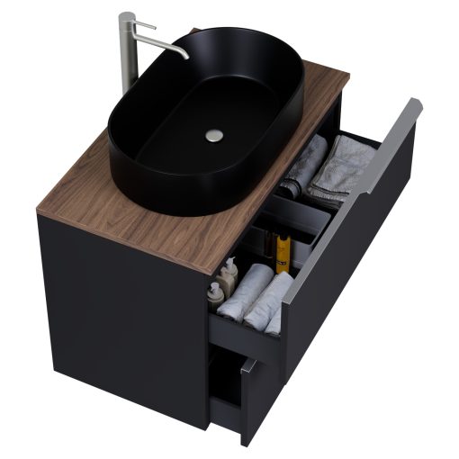 HD Carona Matt Black 60 fali mosdószekrény tölgyfa színű mosdópulttal és szálcsiszolt króm fogantyúkkal