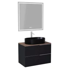 HD Carona Matt Black 60 komplett fürdőszoba bútor fali mosdószekrénnyel, szálcsiszolt króm fogantyúkkal, tölgyfa színű mosdópulttal és tükörrel