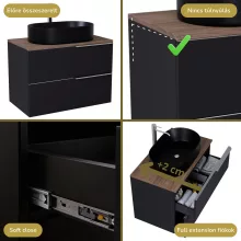 HD Carona Matt Black 60 komplett fürdőszoba bútor szett fali mosdószekrénnyel, szálcsiszolt króm fogantyúkkal, tölgyfa színű mosdópulttal, tükörrel és magasszekrénnyel