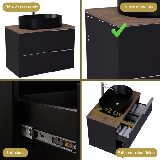 HD Carona Matt Black 60 komplett fürdőszoba bútor szett fali mosdószekrénnyel, szálcsiszolt króm fogantyúkkal, tölgyfa színű mosdópulttal, tükörrel és magasszekrénnyel