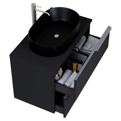 HD Carona Matt Black 60/80 fali mosdószekrény matt fekete mosdópulttal és szálcsiszolt króm fogantyúkkal