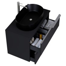 HD Carona Matt Black 60 komplett fürdőszoba bútor fali mosdószekrénnyel, szálcsiszolt króm fogantyúkkal, fekete mosdópulttal és tükörrel