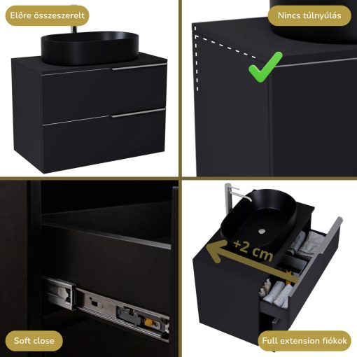 HD Carona Matt Black 60 komplett fürdőszoba bútor fali mosdószekrénnyel, szálcsiszolt króm fogantyúkkal, fekete mosdópulttal és tükörrel