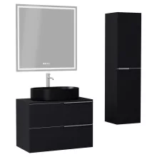 HD Carona Matt Black 60 komplett fürdőszoba bútor szett fali mosdószekrénnyel, szálcsiszolt króm fogantyúkkal, fekete mosdópulttal, tükörrel és magasszekrénnyel