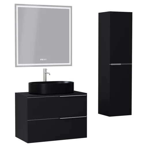 HD Carona Matt Black 60 komplett fürdőszoba bútor szett fali mosdószekrénnyel, szálcsiszolt króm fogantyúkkal, fekete mosdópulttal, tükörrel és magasszekrénnyel
